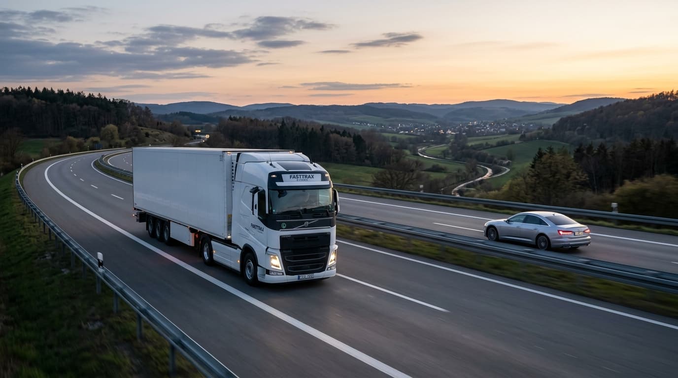 Commercial heavy freight vehicle driving safely on open highway at dusk